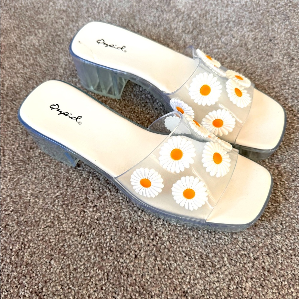 Women Sz 8 sunflower heels slides disco 70s